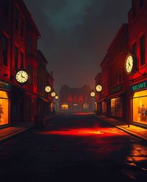 A captivating digital painting depicts an empty town square bathed in warm, high-contrast, low-key lighting. Deep shadows and