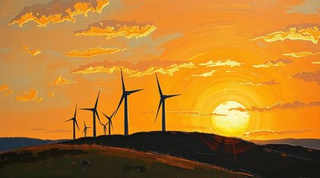 A stunning oil painting captures the vibrant colors of a sunset behind a row of wind turbines perched atop a hill.  The artwo
