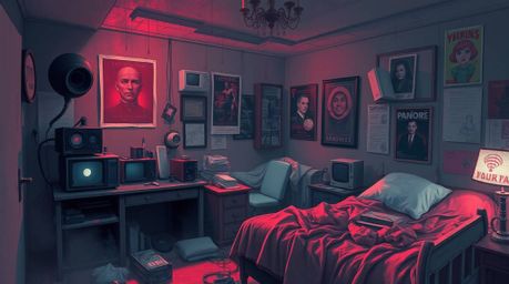 Explore a surreal and mystical messy bedroom scene, depicted in a vibrant infrared digital sketch. This concept art style ima