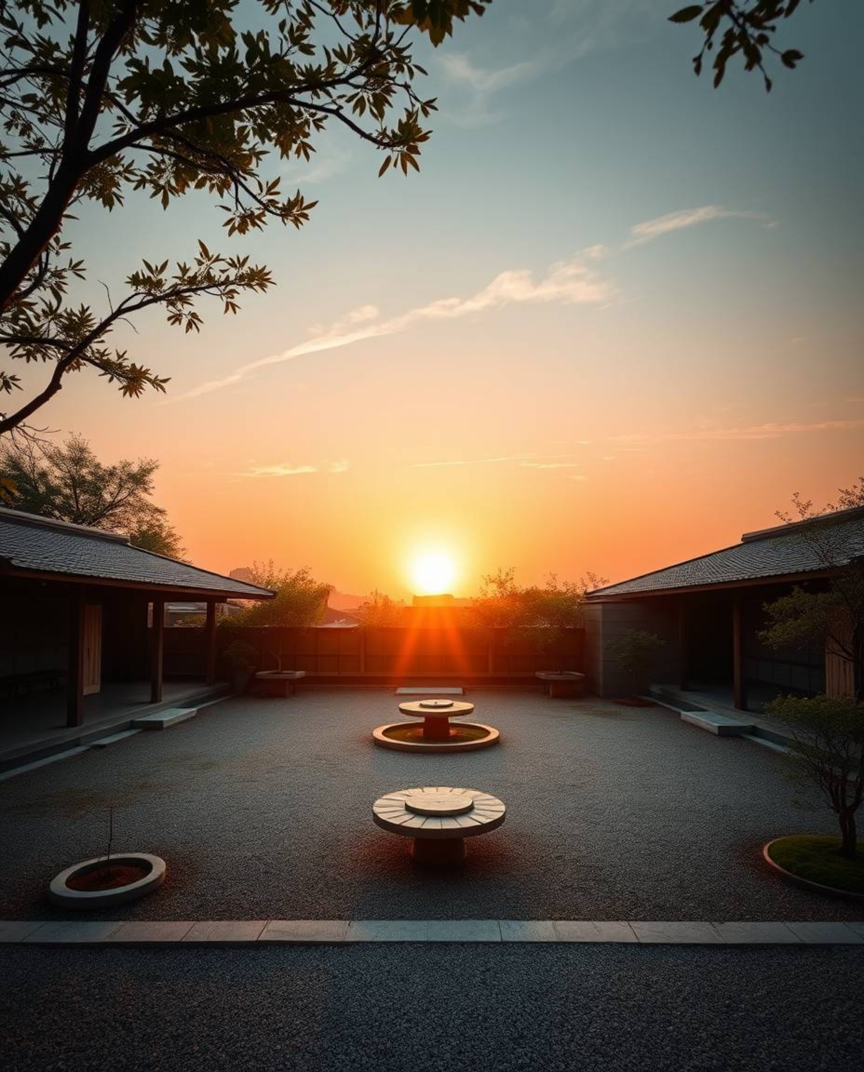 A high-angle, fine art photograph of a serene Zen garden at sunset, showcasing warm, slightly dark and soft professional phot