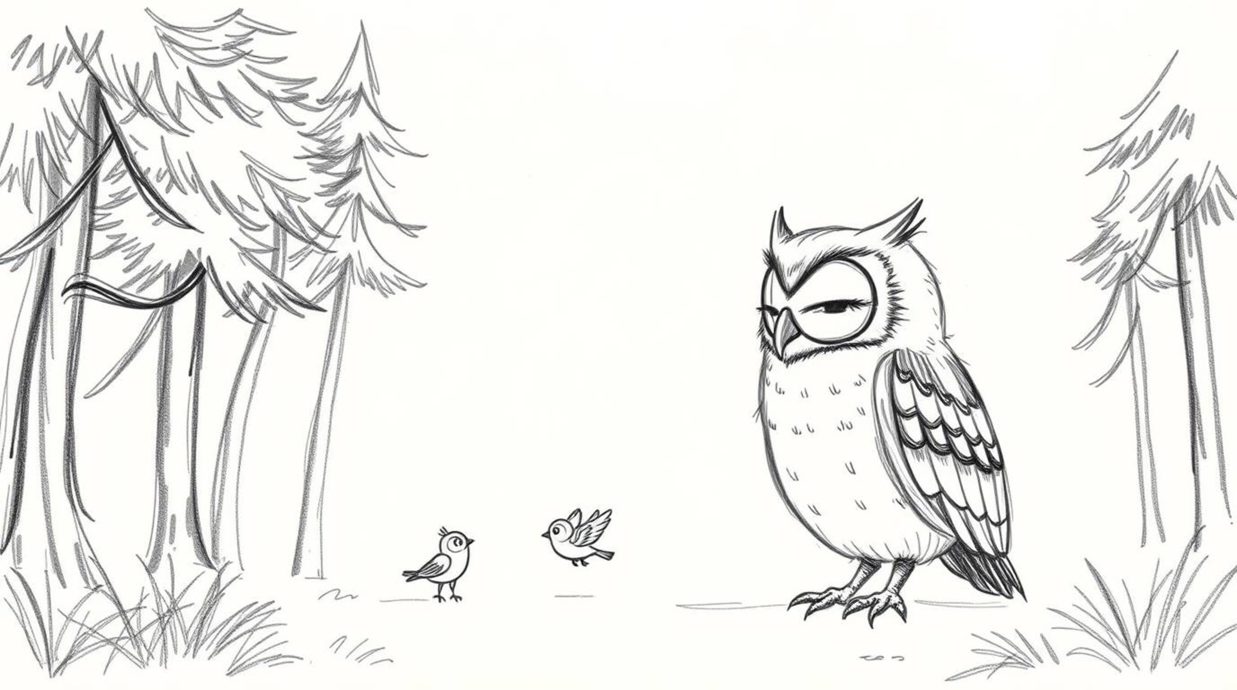 A charming hand-drawn sketch in the style of Pixar depicts a blind owl with gentle features patiently teaching small birds to