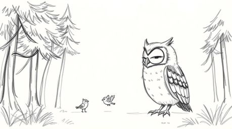 A charming hand-drawn sketch in the style of Pixar depicts a blind owl with gentle features patiently teaching small birds to