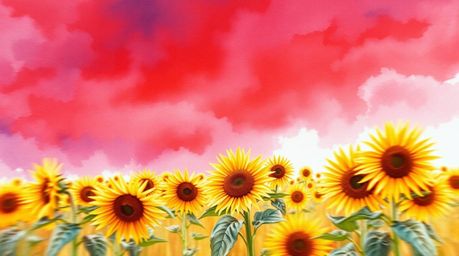 A breathtaking watercolor painting depicts a vibrant sunflower field bathed in the dramatic light of a deep red and purple su