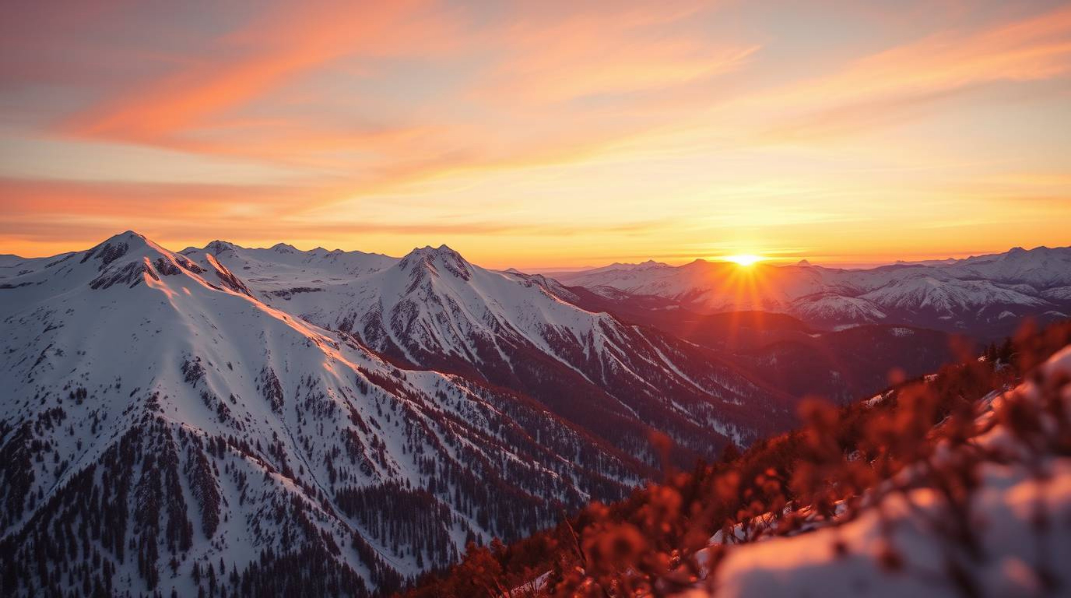 An extreme macro close-up reveals the breathtaking detail of snow-covered mountains bathed in the warm glow of a pastel sunse