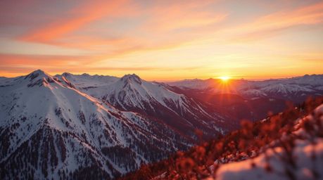 An extreme macro close-up reveals the breathtaking detail of snow-covered mountains bathed in the warm glow of a pastel sunse