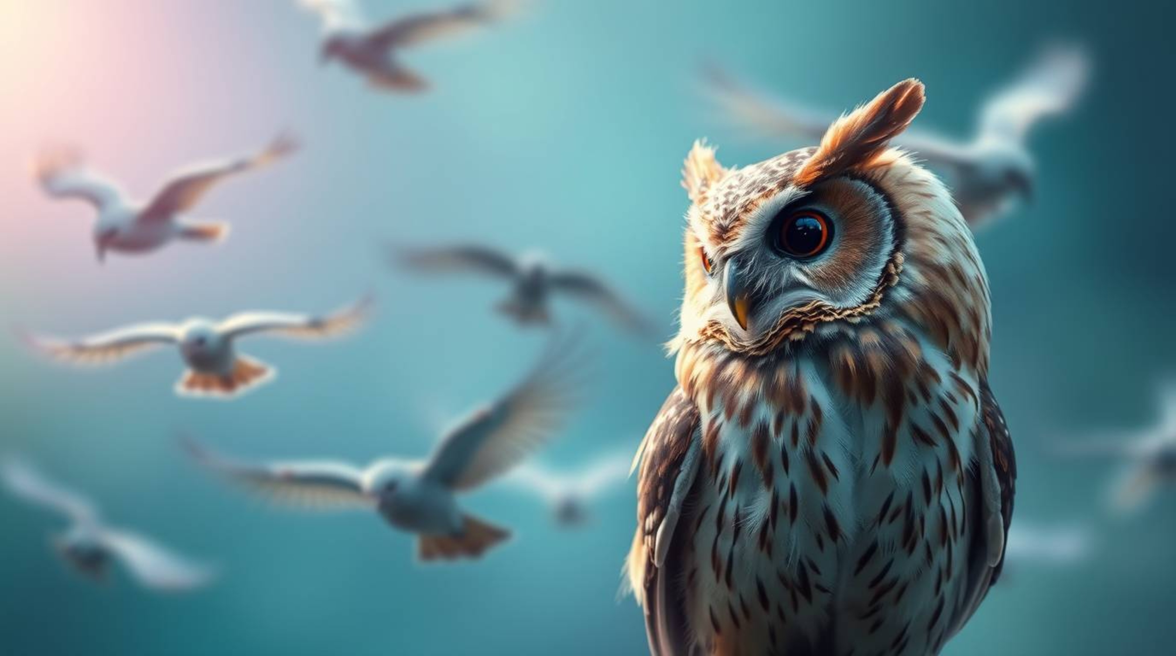 A long exposure image, ethereal and spiritual in its vibe, portrays a blind owl in a charming Pixar-style. With soft, brown f