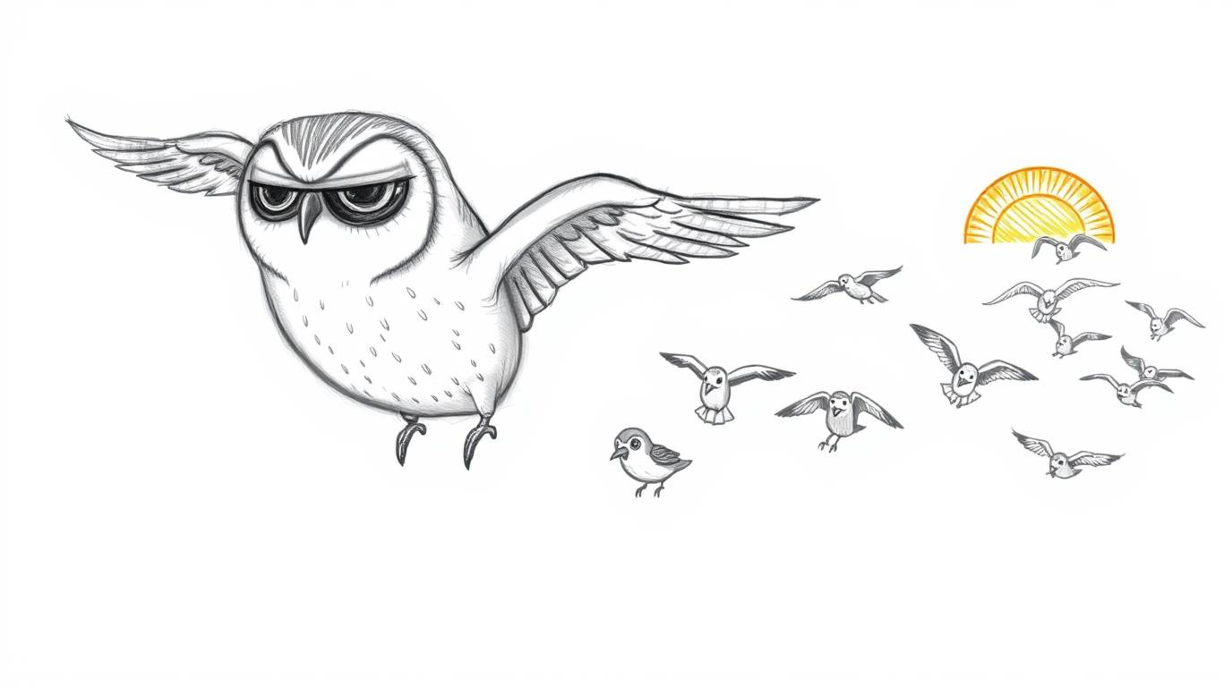 A charming hand-drawn sketch, reminiscent of Pixar animation, depicts a blind owl with soft, rounded features leading a class