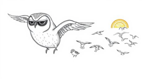 A charming hand-drawn sketch, reminiscent of Pixar animation, depicts a blind owl with soft, rounded features leading a class