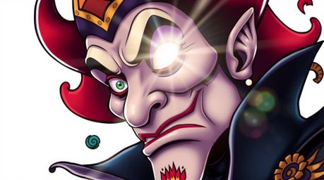 Explore stunning visuals of a classic Disney villain reimagined with intricate symbolic traditional tattoo styling, vibrant c