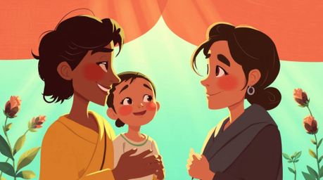 A heartwarming Pixar-style illustration showcases a beautiful family reunion, bathed in the inviting warmth of terracotta and