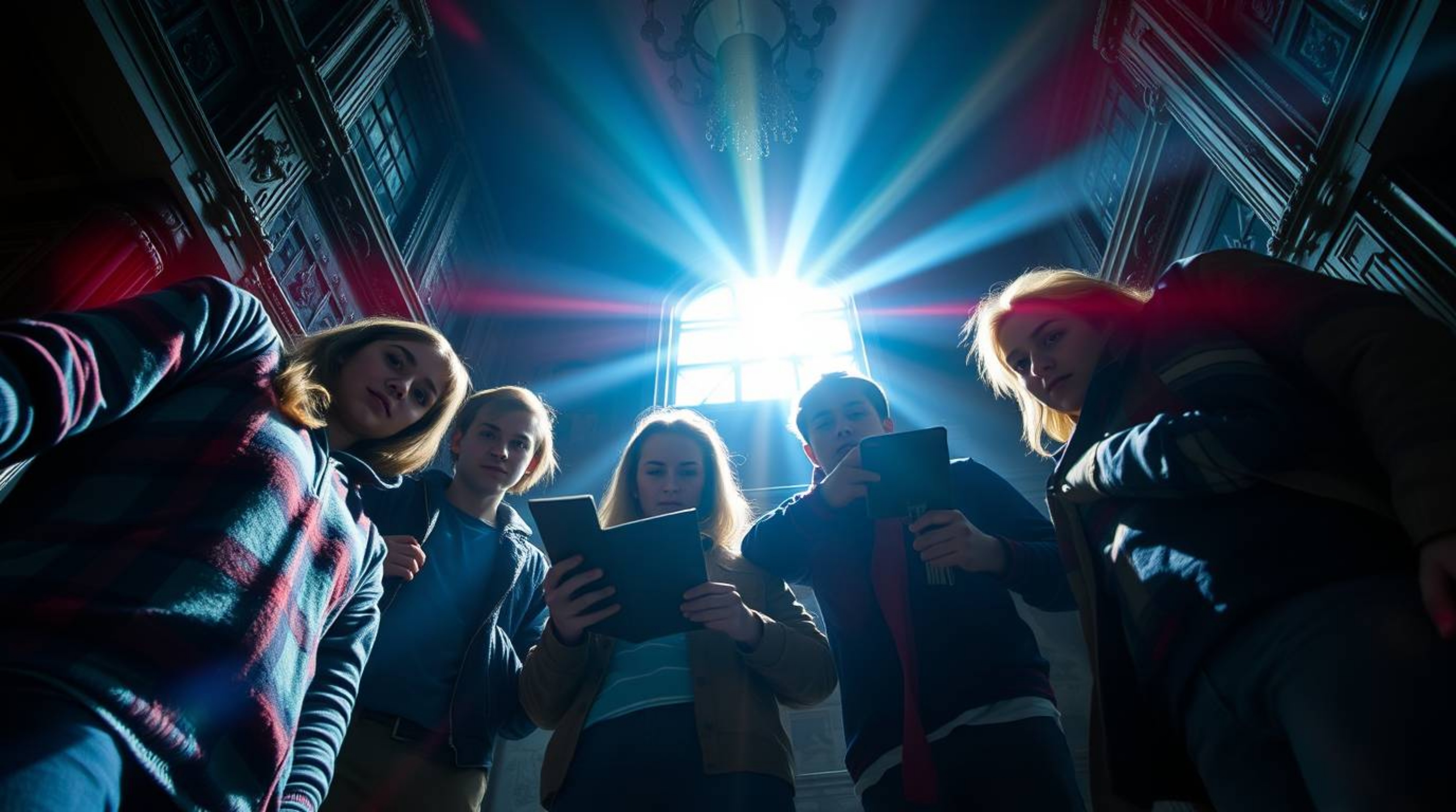 A captivating high-resolution stock photo depicts a group of teenagers engrossed in solving a mystery within a brightly lit, 
