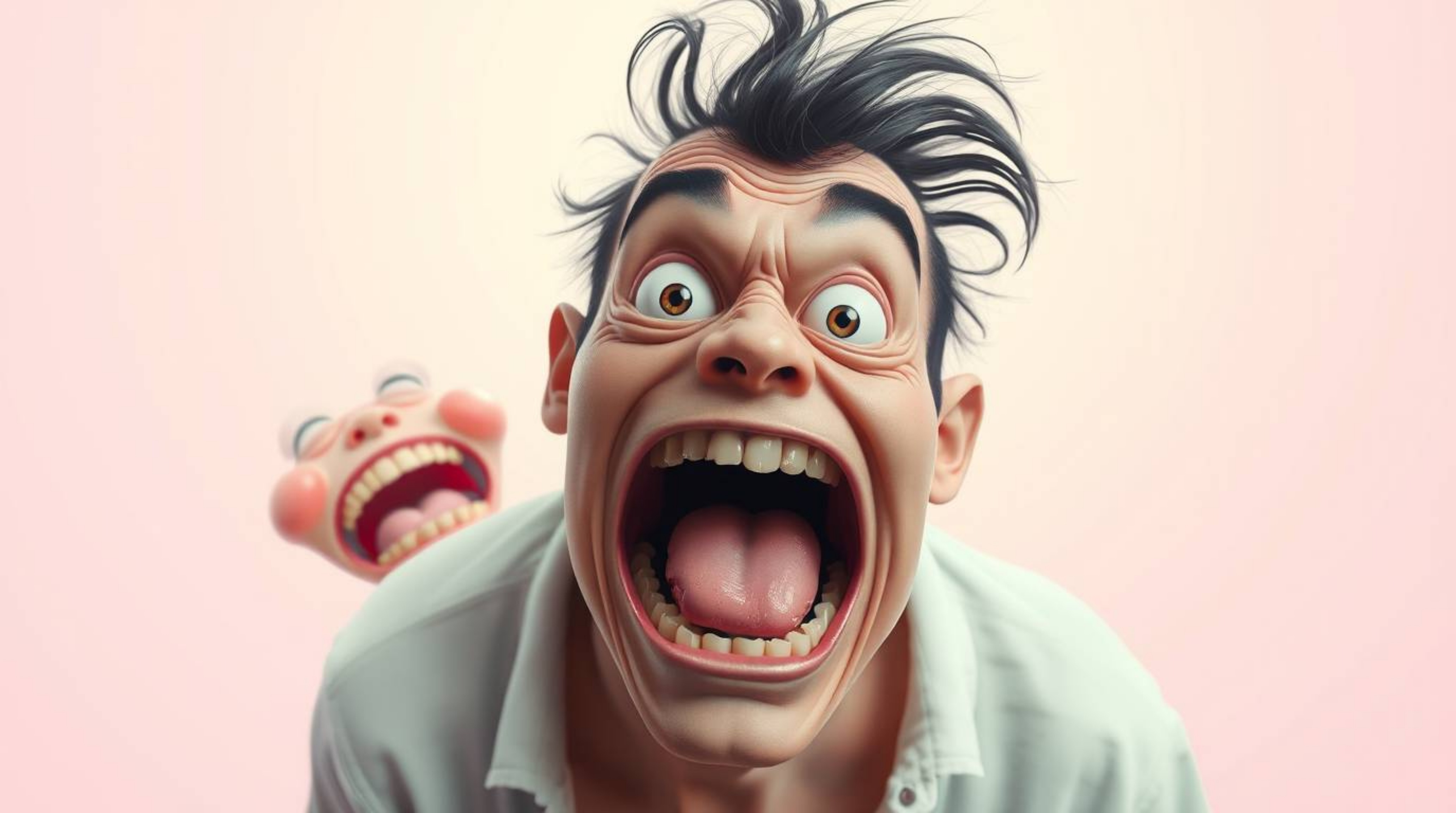 Experience a hilarious and surreal moment captured with exaggerated expressions and a light, ethereal aura. This gross-out co