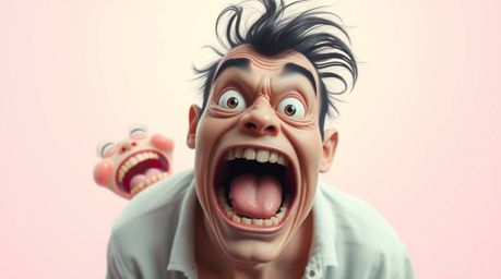Experience a hilarious and surreal moment captured with exaggerated expressions and a light, ethereal aura. This gross-out co