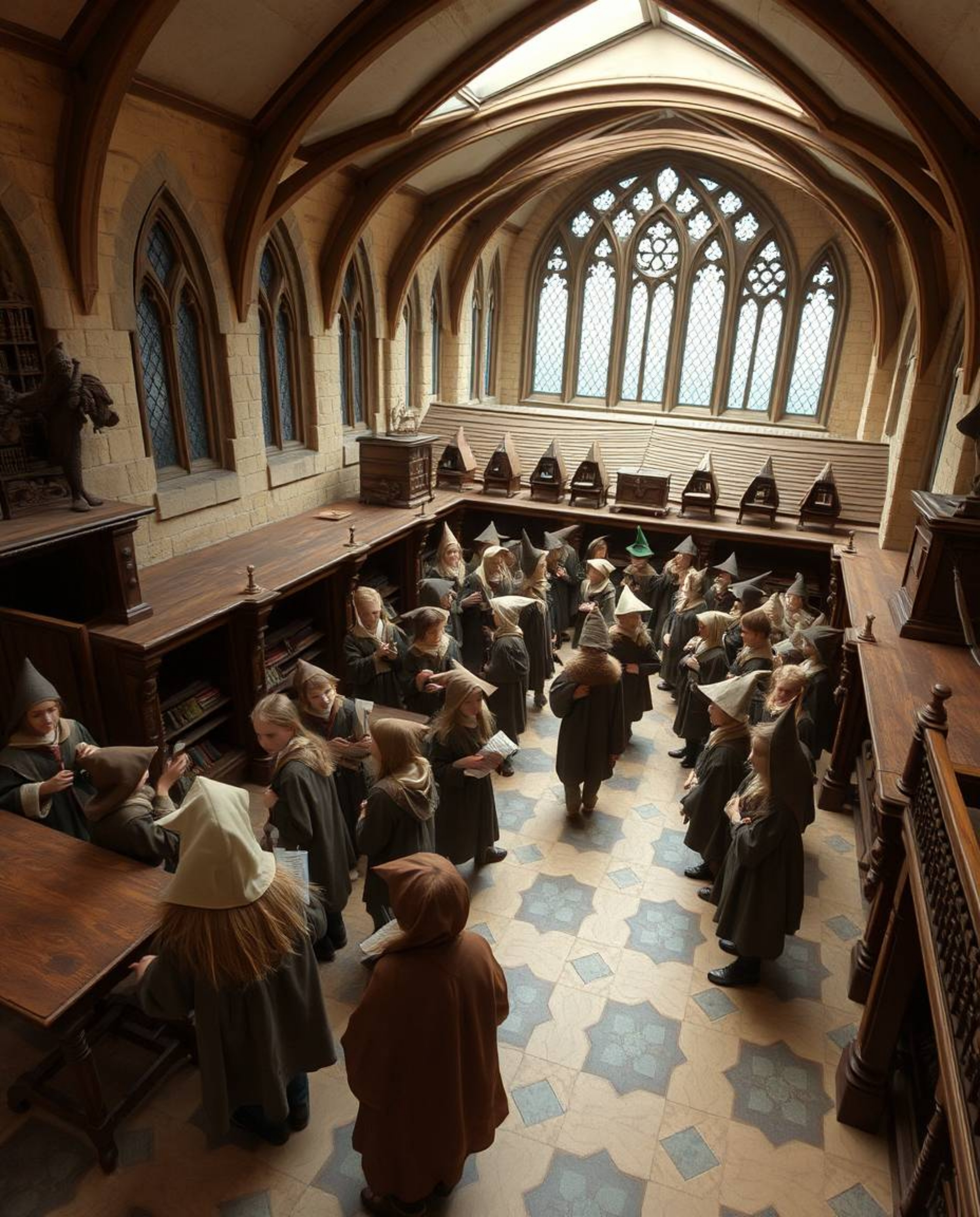 Discover a captivating high-angle photograph of a magical school brimming with young wizards.  The image features a natural e