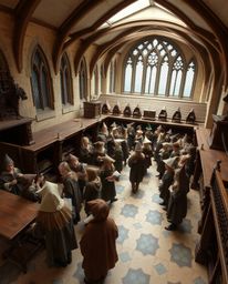 Discover a captivating high-angle photograph of a magical school brimming with young wizards.  The image features a natural e