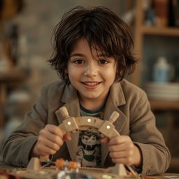 This exquisite high-fashion photograph captures a young boy with medium brown skin and messy brown hair, illuminated by a bri