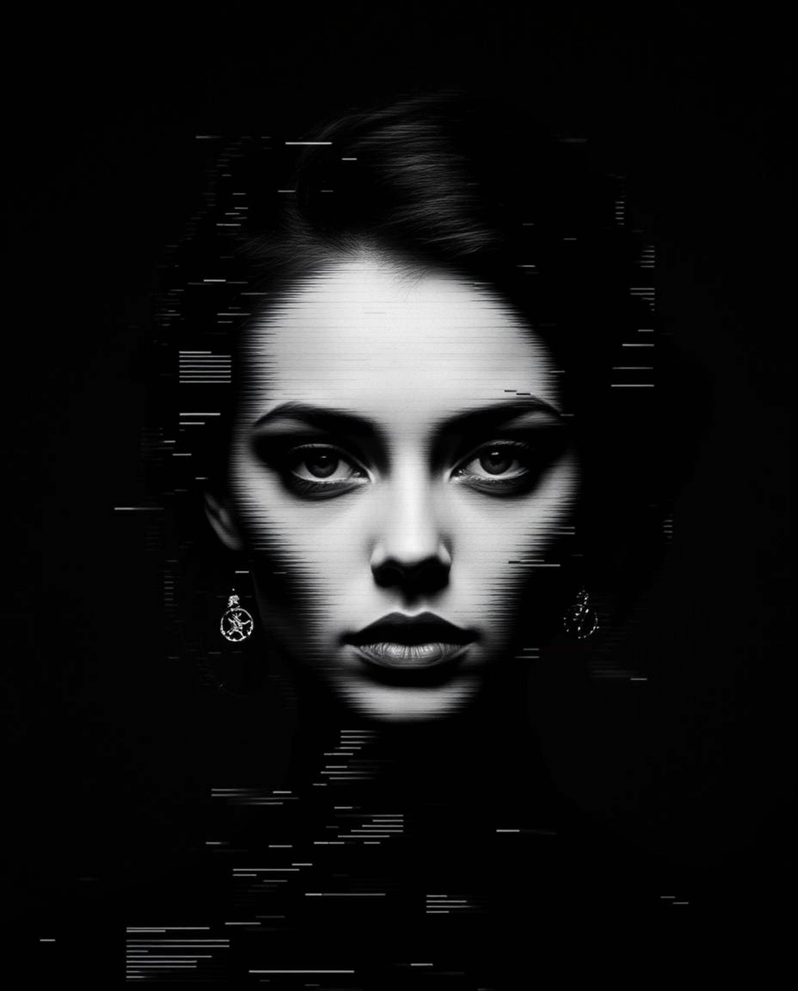 Explore the captivating world of digital glitch art with a classic black and white portrait. This artwork features a corrupte