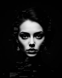 Explore the captivating world of digital glitch art with a classic black and white portrait. This artwork features a corrupte