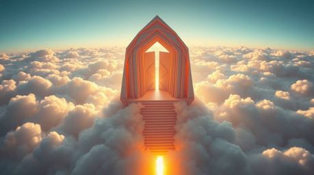 Experience the breathtaking view of an intricate origami Heavenly Gate floating above the clouds, bathed in golden light. Sta