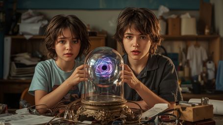 A vibrant, cinematic photograph captures a duo of enthusiastic teenage science fair participants amidst the magic and unpredi