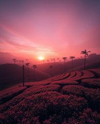 This image captures a sunset over terraced tea plantations in a surreal and dramatic cinematic style, distinguished by its us