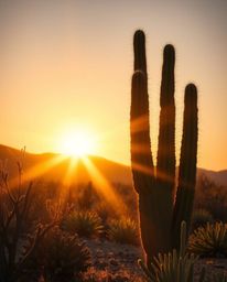 A desert cactus glows heroically in the last rays of the sun, captured in a grand and epic scene. This modern, future-style p
