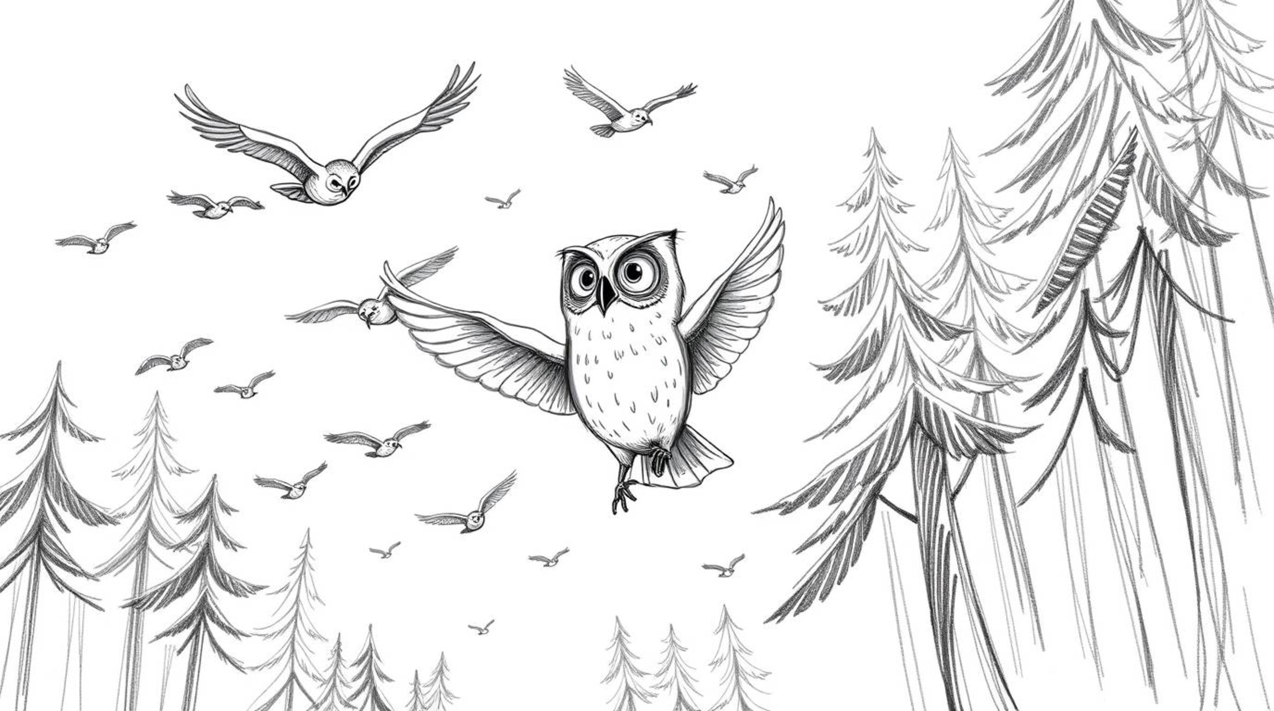 A whimsical hand-drawn sketch depicts a blind owl, rendered in Pixar's expressive style, instructing a flock of birds in flig