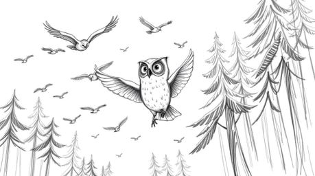 A whimsical hand-drawn sketch depicts a blind owl, rendered in Pixar's expressive style, instructing a flock of birds in flig