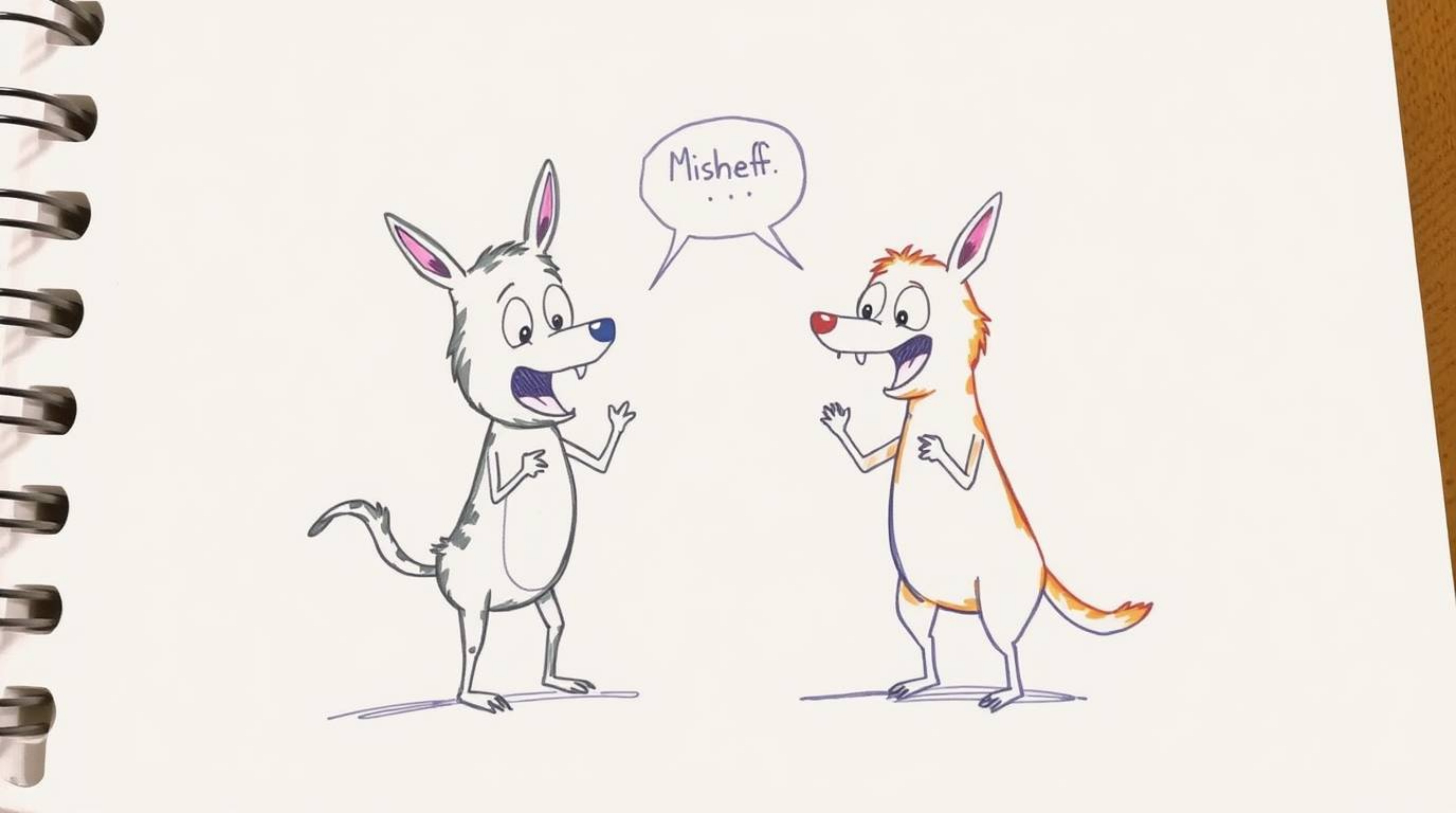 This vibrant hand-drawn sketch captures a duo of talking animals deeply engaged in playful mischief.  Rendered in a colorful 