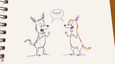 This vibrant hand-drawn sketch captures a duo of talking animals deeply engaged in playful mischief.  Rendered in a colorful 