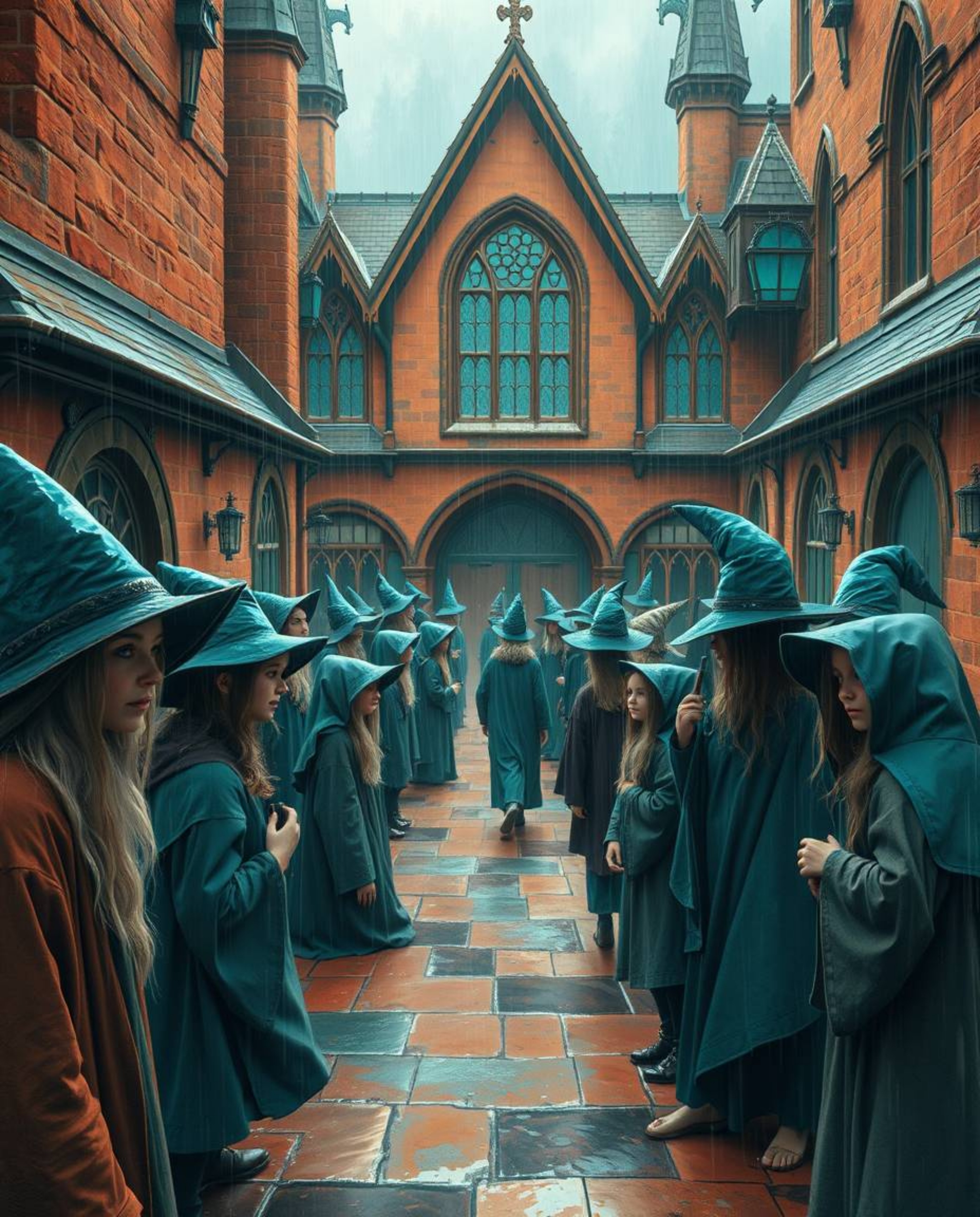 Immerse yourself in a magical school brimming with young wizards, beautifully rendered in warm terracotta and cool teal hues.