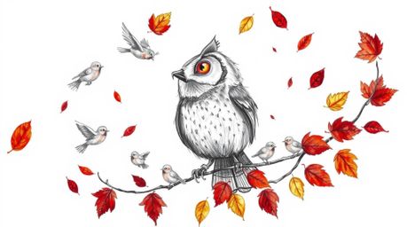 A hand-drawn sketch depicting a blind, wise-looking owl in a Pixar-esque style, gracefully spiraling downwards alongside seve