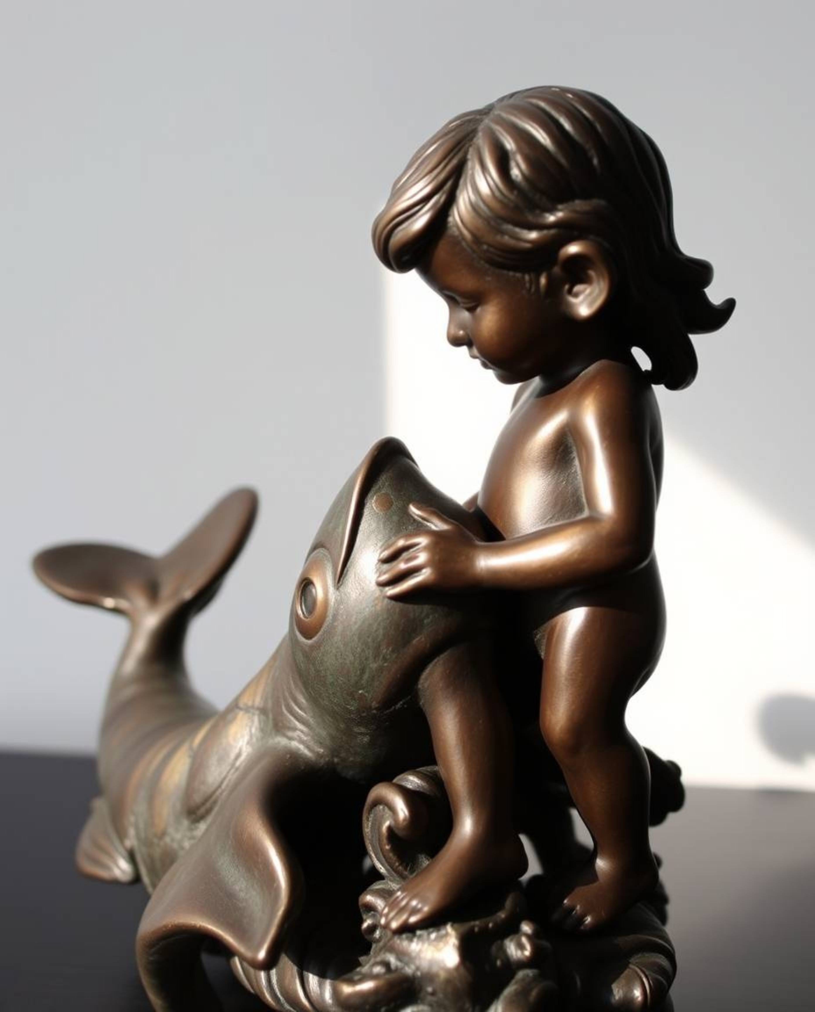 A captivating bronze sculpture portrays a heartwarming friendship between a sea creature and a child.  The antique patina fin