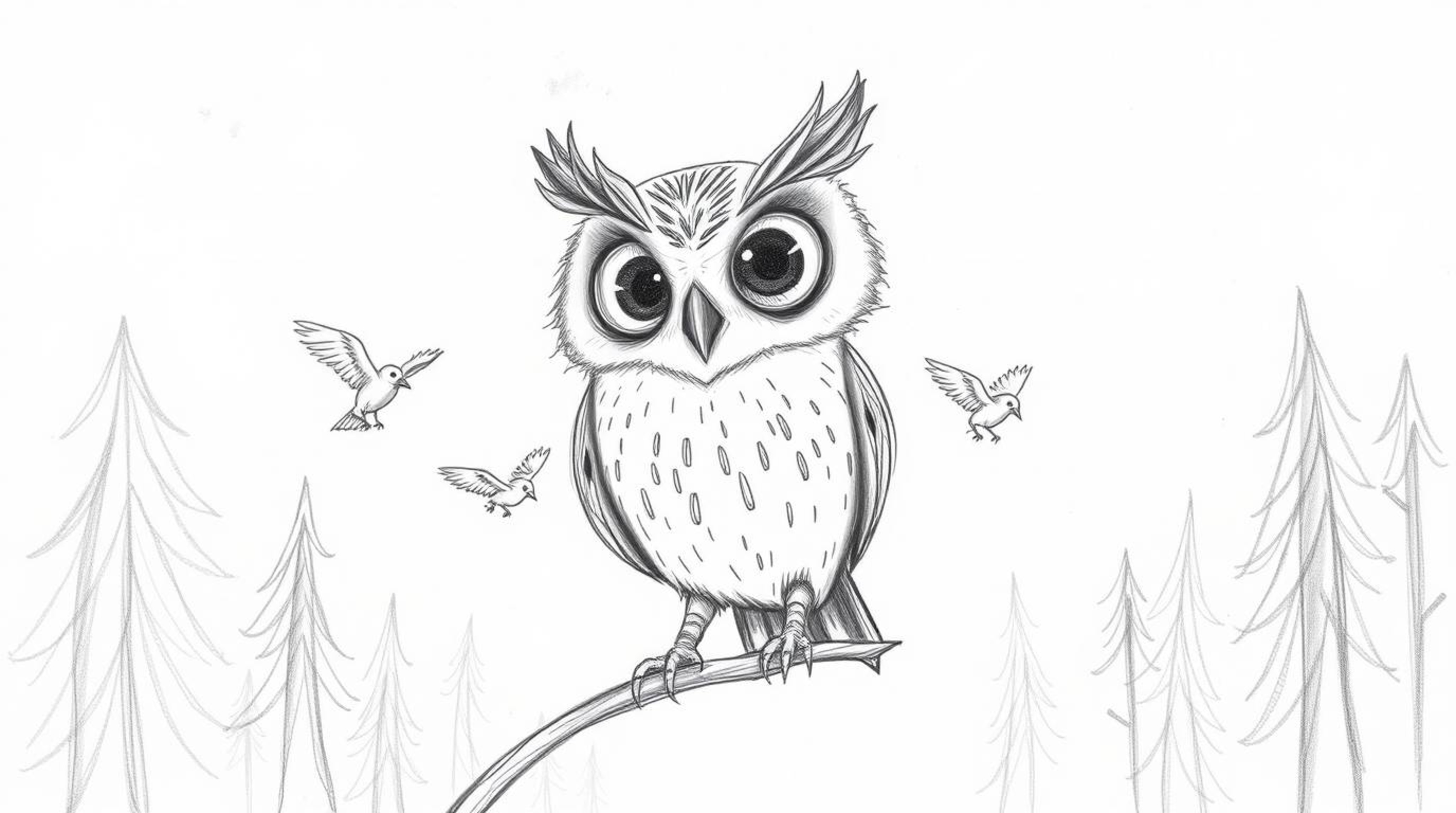 A heartwarming hand-drawn sketch in the style of Pixar, depicting a blind owl with expressive eyes patiently teaching small b