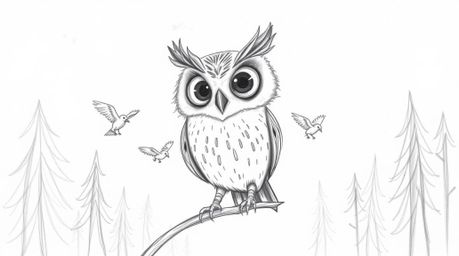 A heartwarming hand-drawn sketch in the style of Pixar, depicting a blind owl with expressive eyes patiently teaching small b