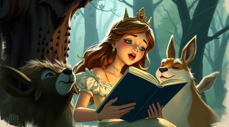 A dynamic digital sketch capturing a princess singing joyfully with forest animals in a vintage 2D animation style. This clos