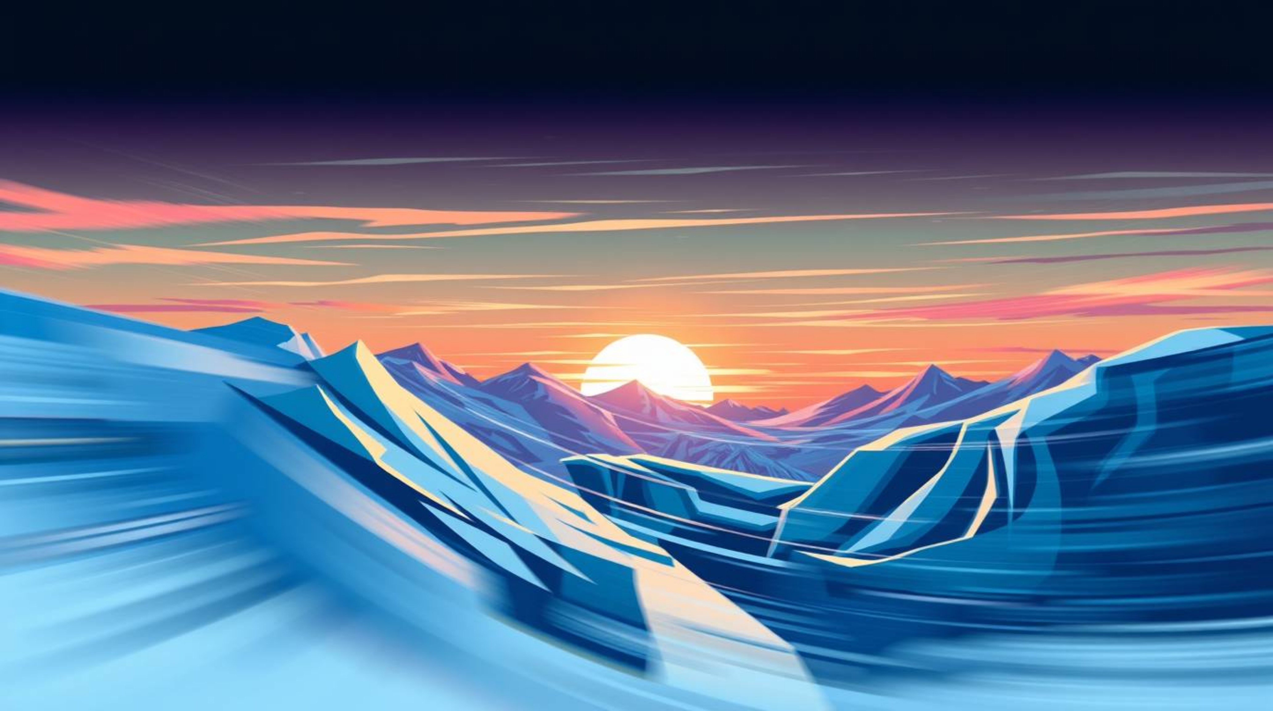 Experience a dynamic motion illustration capturing a breathtaking sunset over icy polar glaciers. The artwork utilizes cool c