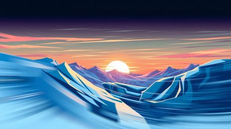 Experience a dynamic motion illustration capturing a breathtaking sunset over icy polar glaciers. The artwork utilizes cool c