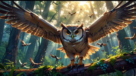 A breathtaking and magical scene, rendered in a beautiful blend of Pixar and anime styles. A wise blind owl, the ultimate men