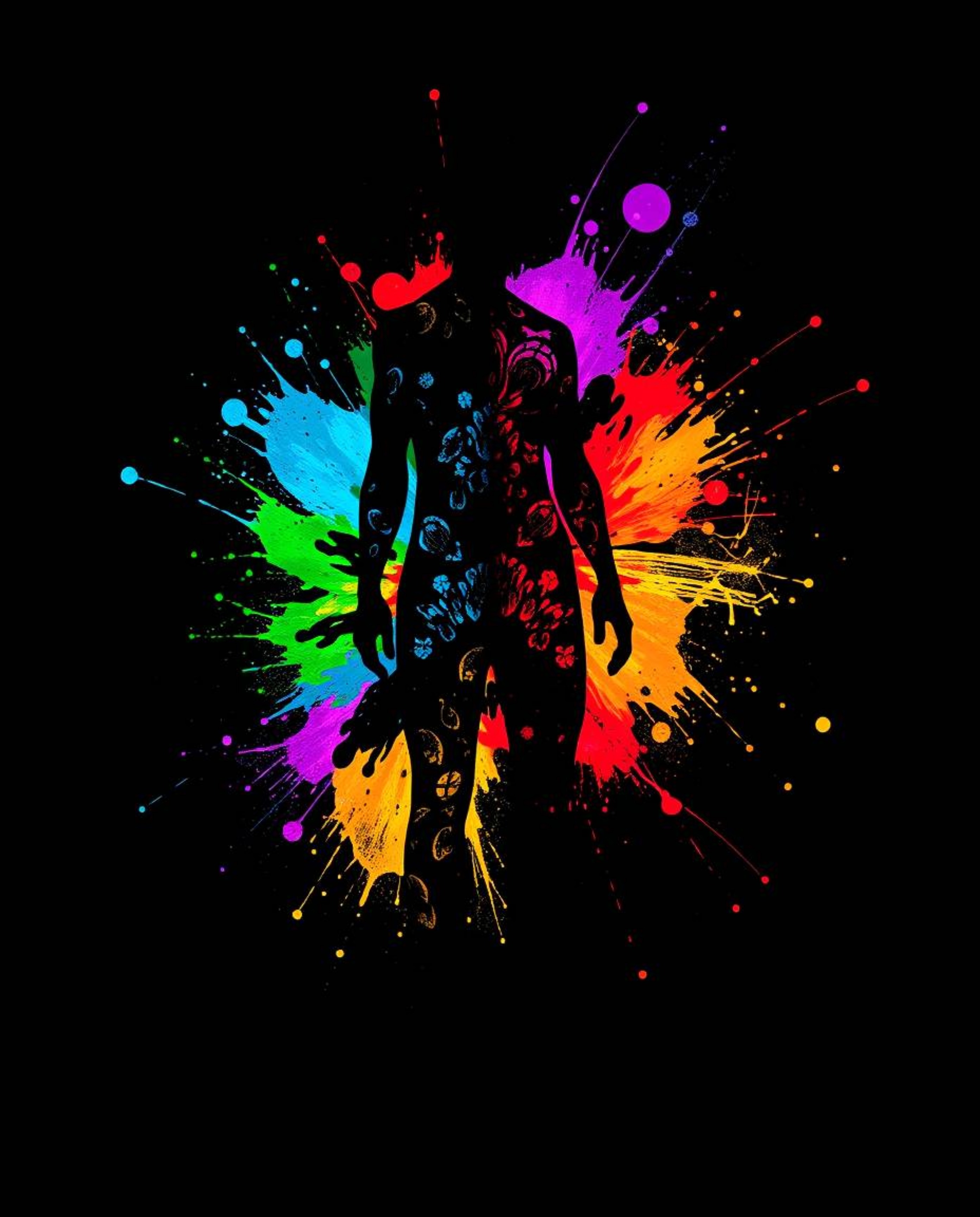 Explore captivating creative light art showcasing a striking human silhouette formed by intensely black and colorful splash p