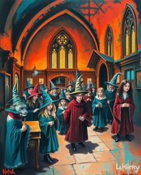 Explore a magical school brimming with young wizards, vividly brought to life in a bold acrylic painting style. The artwork f