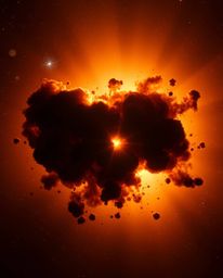 This high-resolution stock photo captures the awe-inspiring beauty of silhouetted colliding galaxies in a cosmic explosion. B