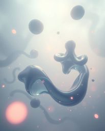 Immerse yourself in a dreamlike, surreal scene featuring glassy fluid 3D shapes in constant motion, enveloped by a thick, fog