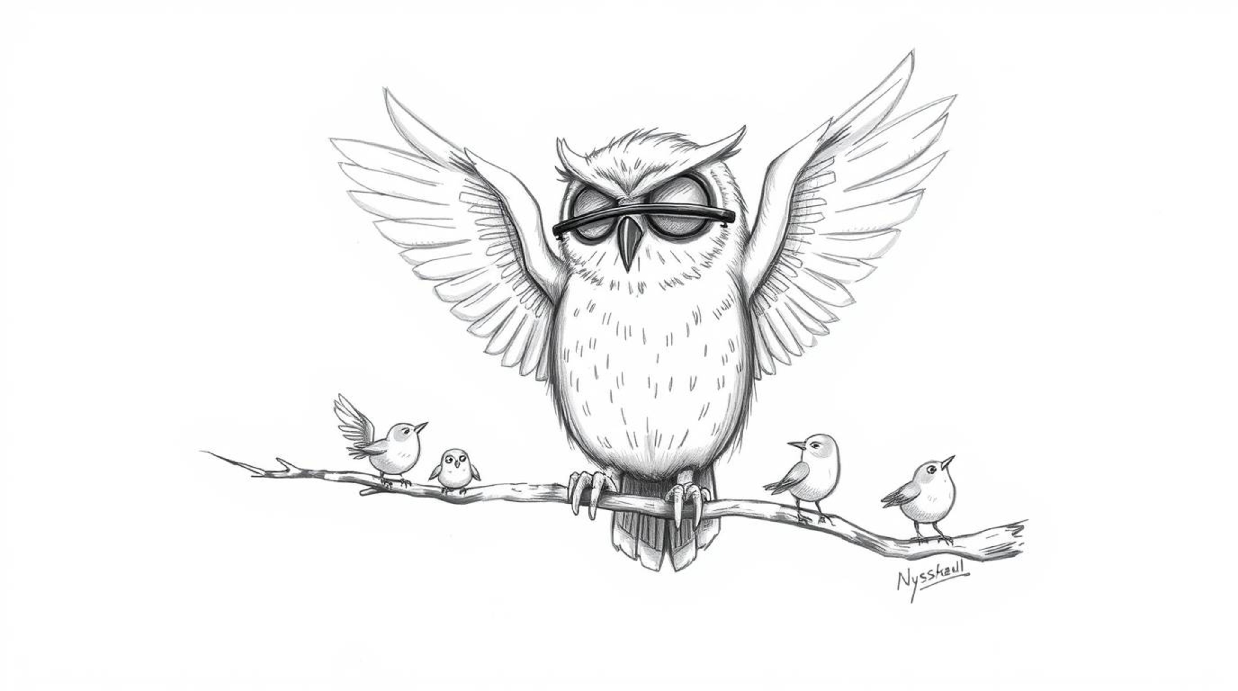 A heartwarming hand-drawn sketch, reminiscent of Pixar's style, features a blind owl with incredibly soft feathers guiding sm
