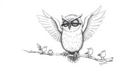 A heartwarming hand-drawn sketch, reminiscent of Pixar's style, features a blind owl with incredibly soft feathers guiding sm