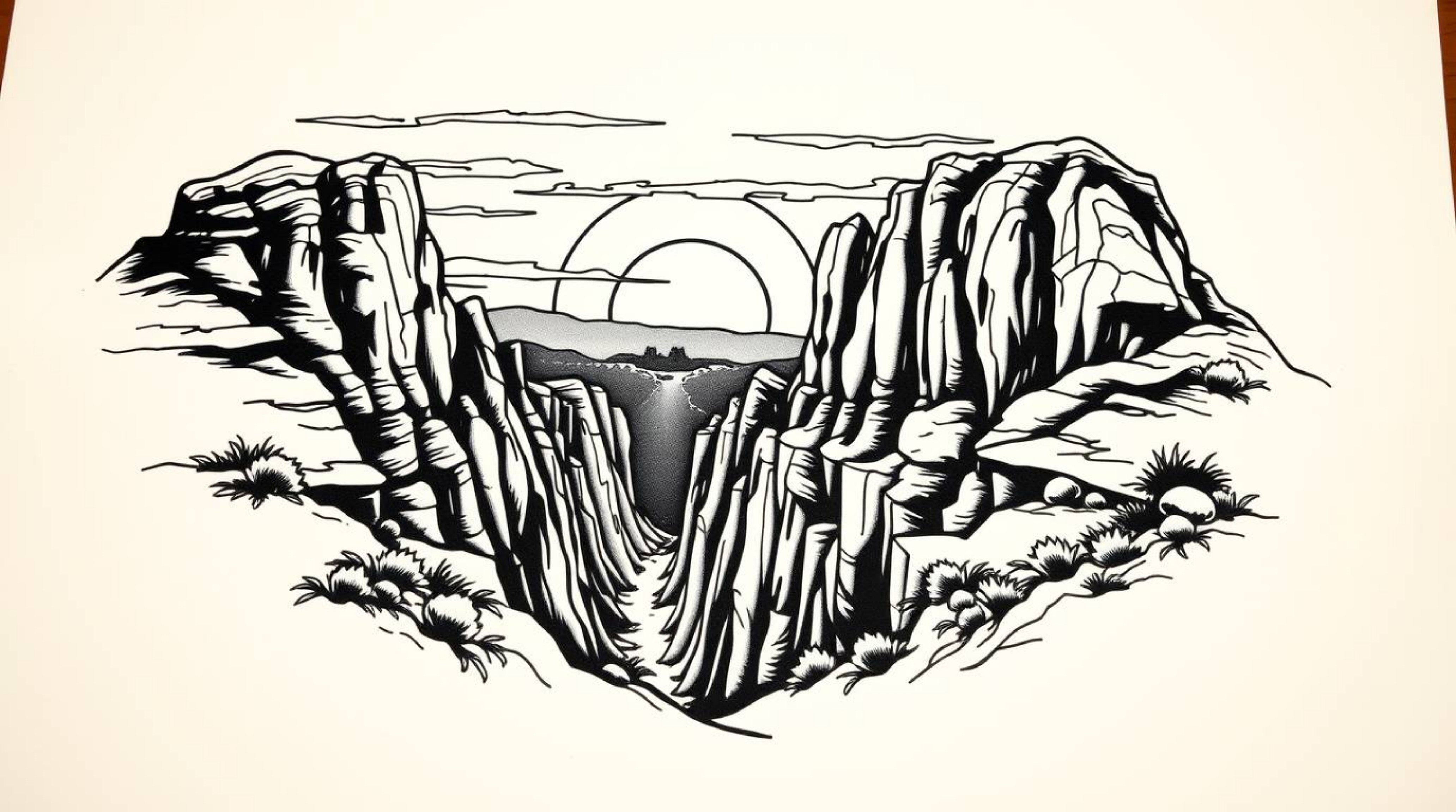 A timeless and elegant black and white tattoo design showcases a detailed rocky canyon bathed in the warm hues of a sunset.  
