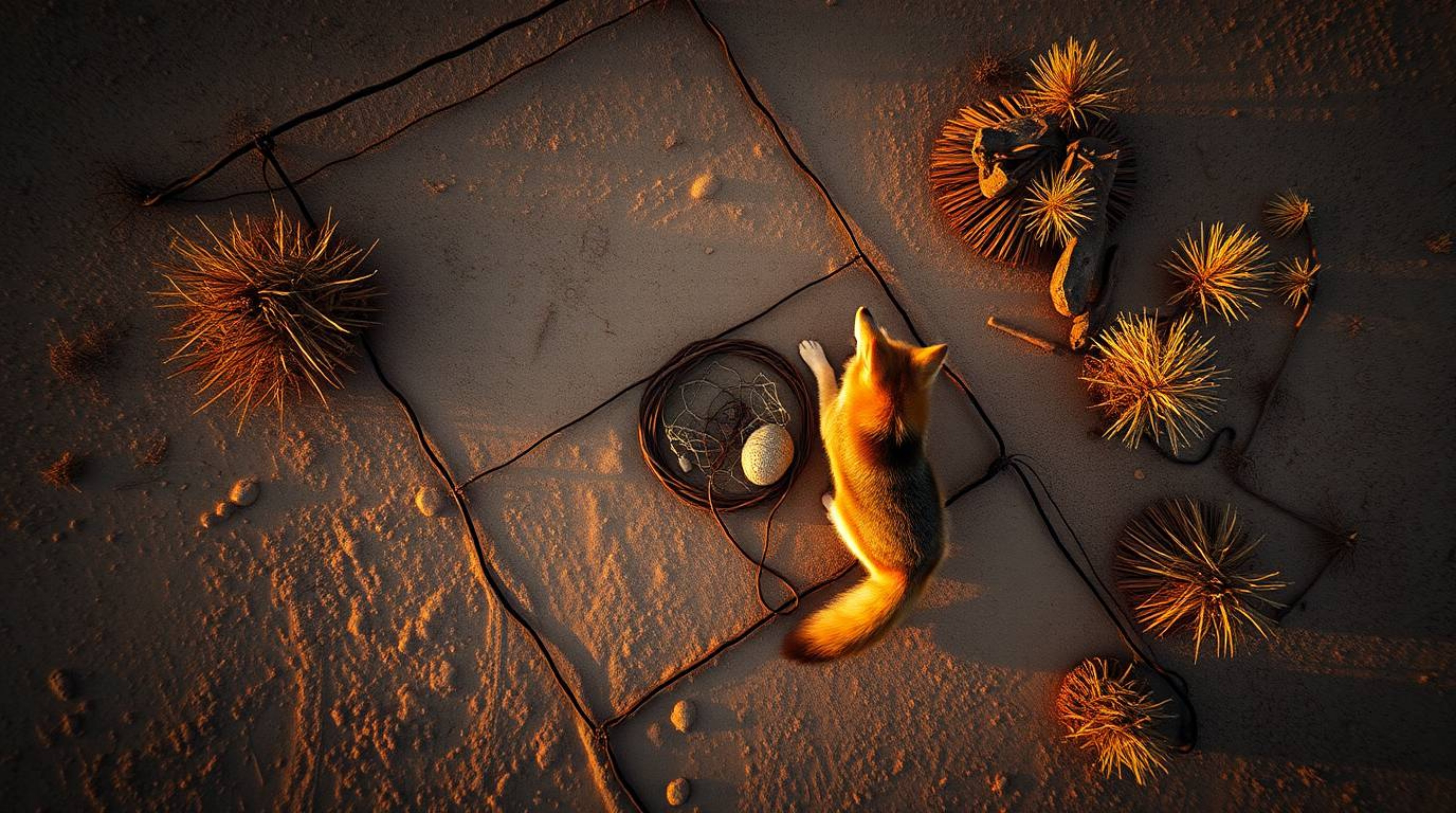 An overhead, bird's-eye view captures a coyote meticulously preparing a desert trap, bathed in the warm, golden light of eith