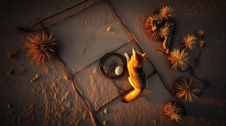 An overhead, bird's-eye view captures a coyote meticulously preparing a desert trap, bathed in the warm, golden light of eith