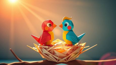 A vibrant and intricate animation depicting two cartoon birds constructing a nest in a classic style. The scene is rendered