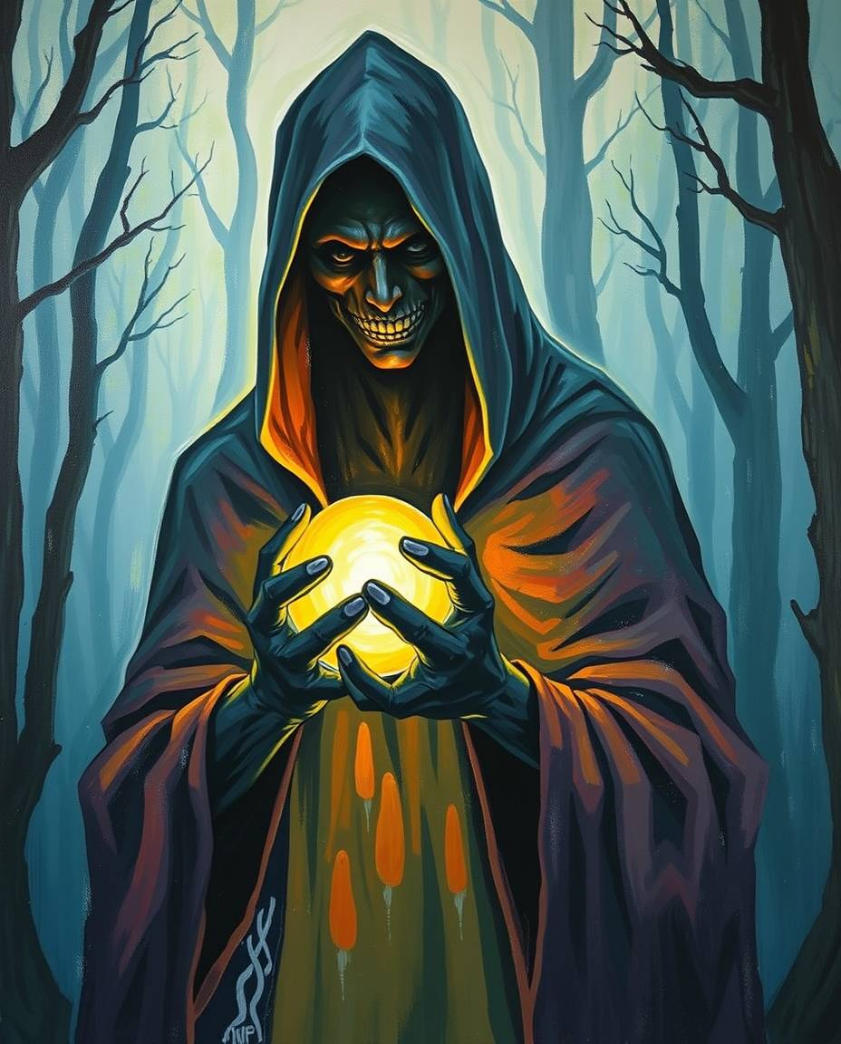 A bold acrylic painting depicts a cloaked figure with dark, mysterious features standing within a misty forest, holding a glo